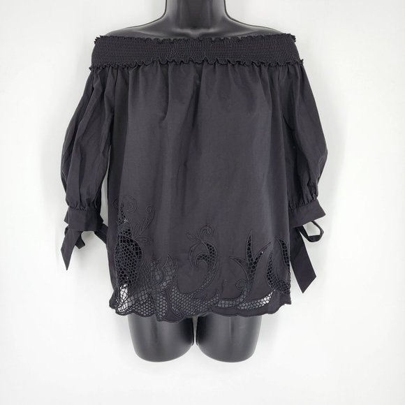 Chelsea28 Off The Shoulder Cropped Blouse XS Black ¾ Tie Sleeve Floral Cutout - Picture 1 of 12